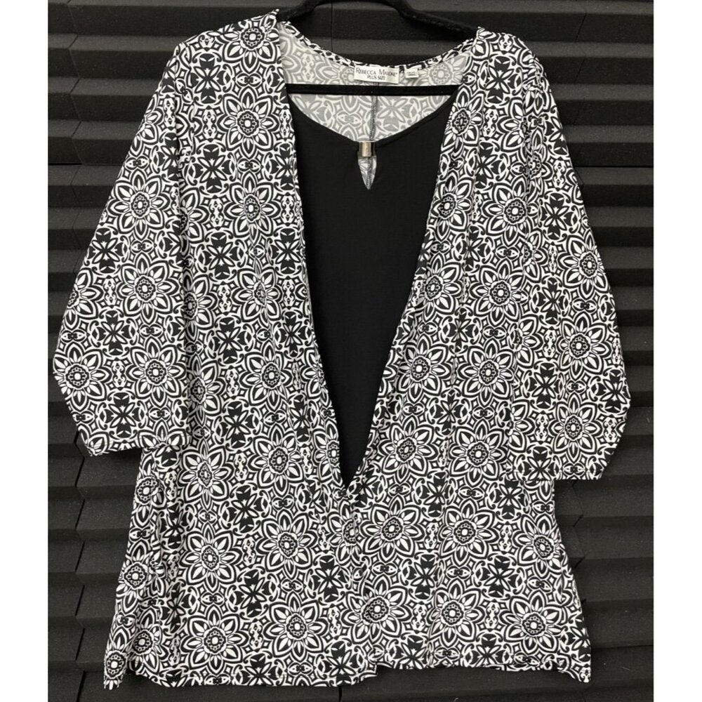 Rebecca Malone Top Plus Size 3X Black And White 3/4 Sleeve Open Floral Stretch